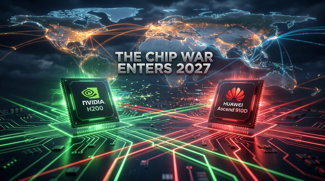 Nvidia H200 versus Huawei Ascend AI chip face-off — 'The Chip War Enters 2027' — on a geopolitical circuit board battlefield