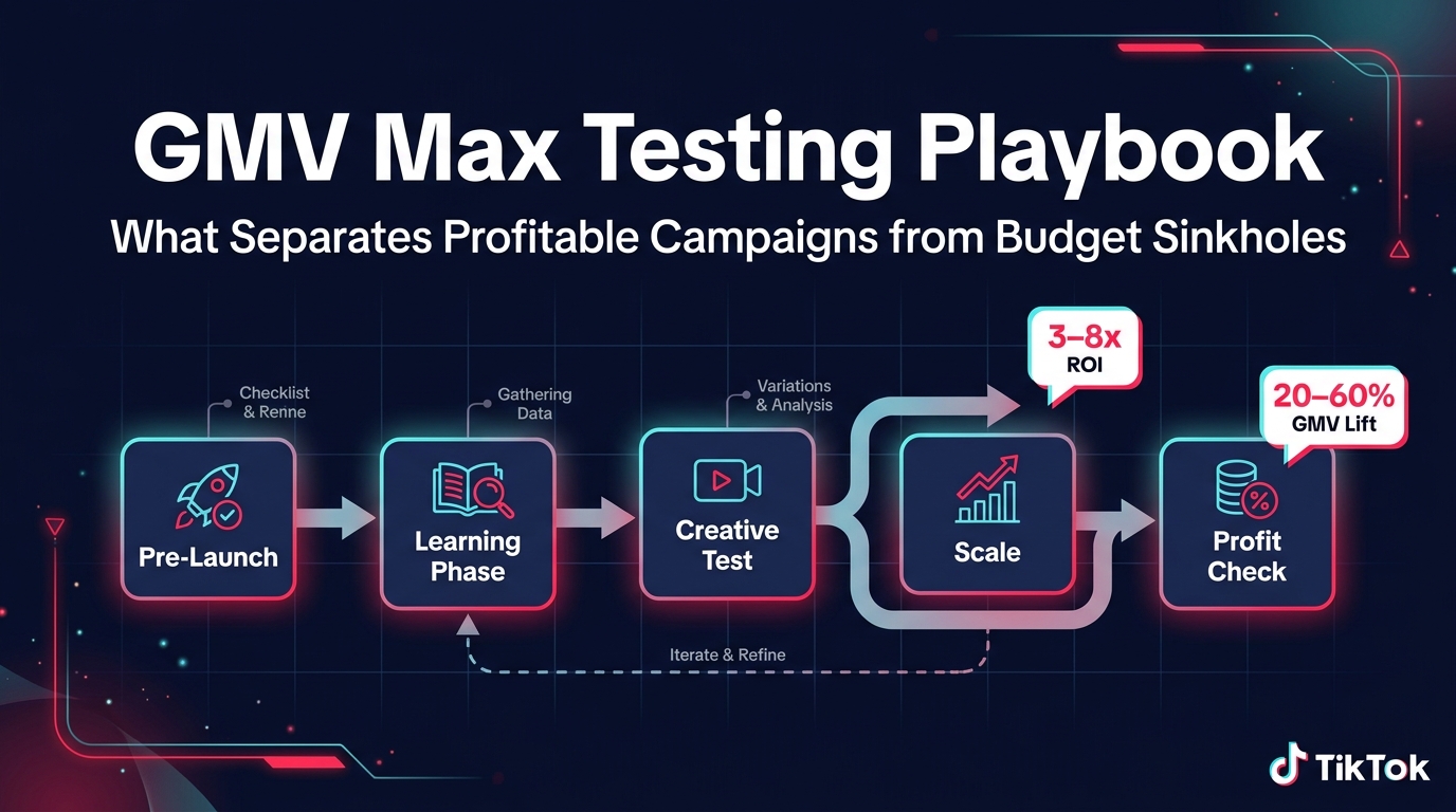 GMV Max Testing Playbook for TikTok Shop Sellers - framework showing Pre-Launch, Learning Phase, Creative Test, Scale, and Profit Check stages with 3-8x ROI and 20-60% GMV Lift callouts
