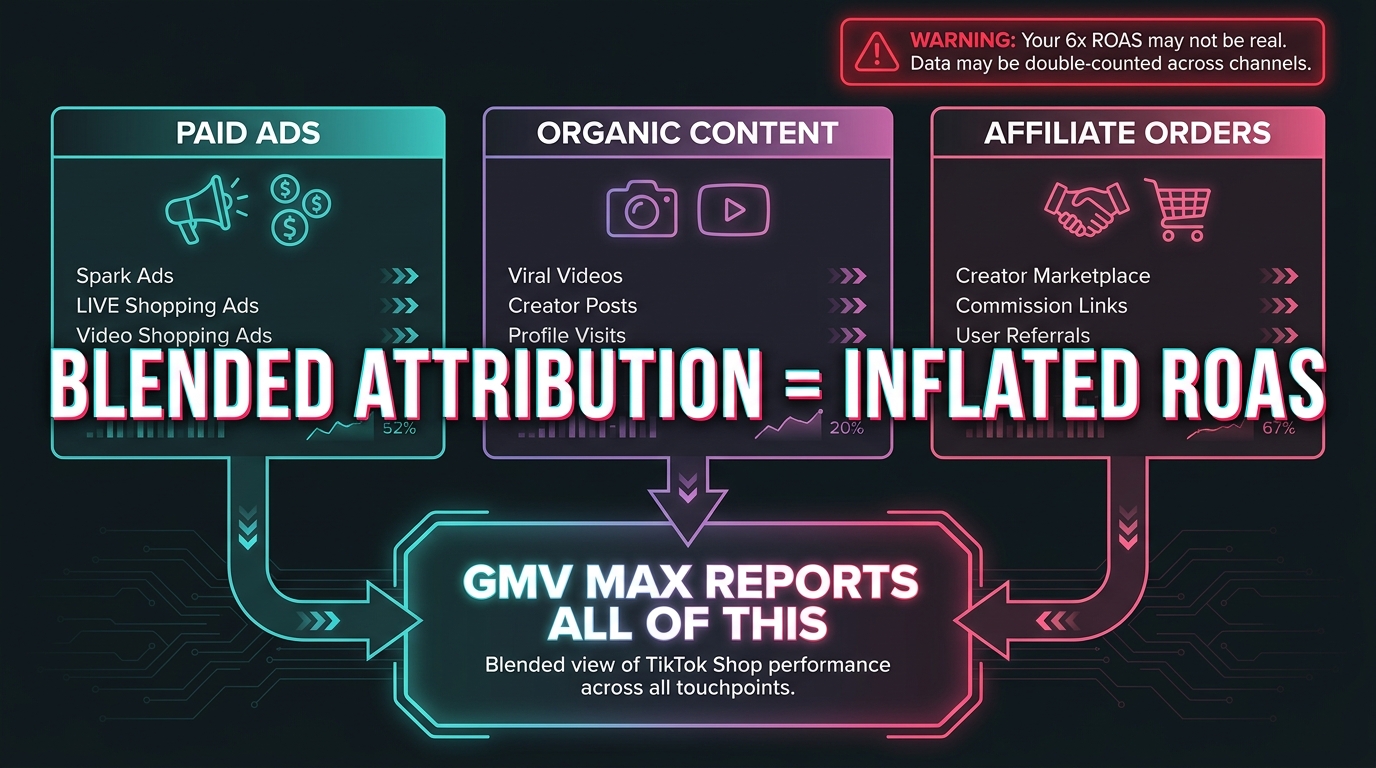GMV Max attribution model showing Paid Ads, Organic Content, and Affiliate Orders all flowing into one blended attribution report, with warning that Blended Attribution equals Inflated ROAS