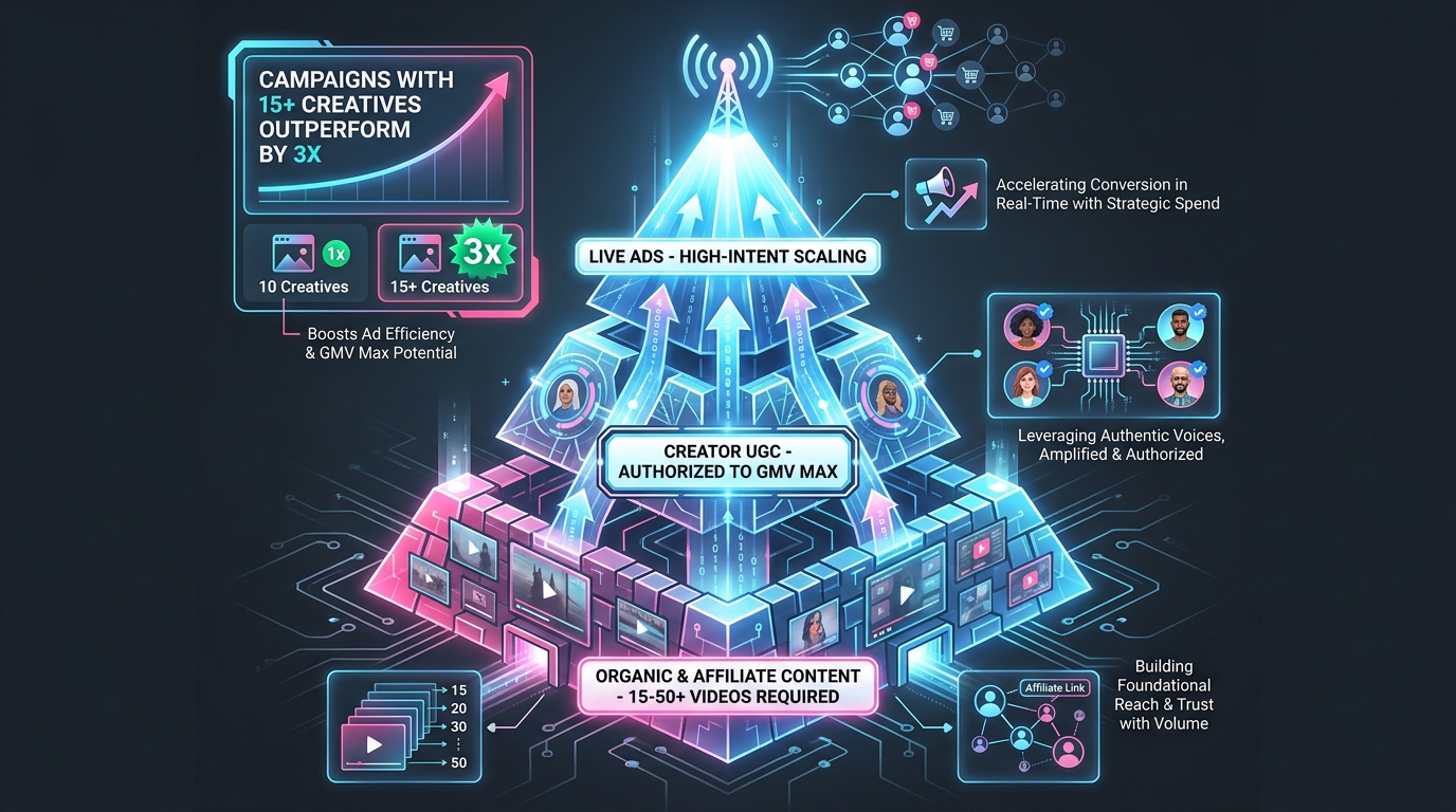 Creative architecture pyramid for GMV Max showing three tiers: bottom Organic and Affiliate Content requiring 15-50 plus videos, middle Creator UGC Authorized to GMV Max, top LIVE Ads for high-intent scaling