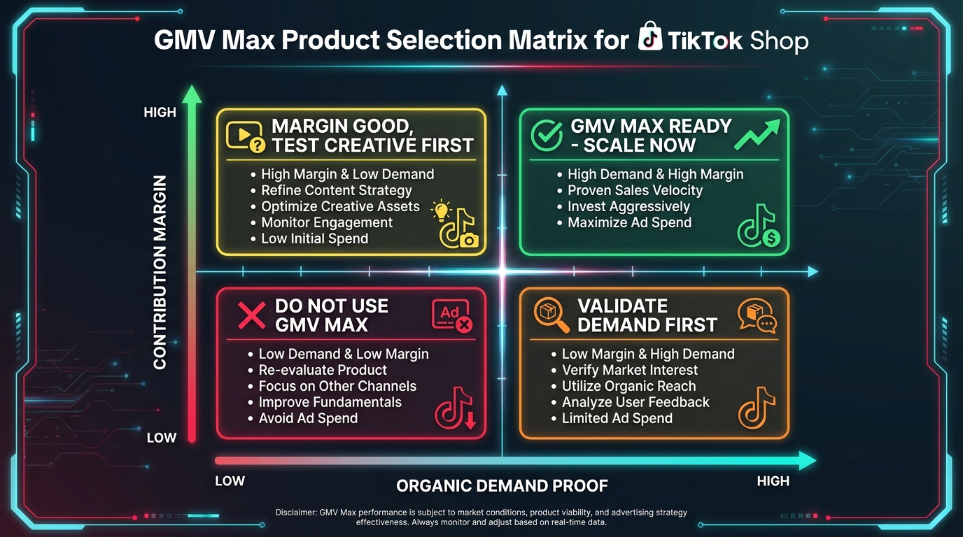 Product selection decision matrix for GMV Max with four quadrants: GMV Max Ready (high organic demand, high margin), Margin Good Test Creative First, Validate Demand First, and Do Not Use GMV Max