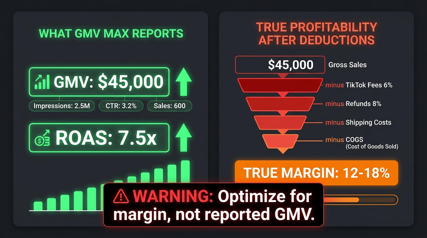 Profitability audit showing GMV Max reported numbers versus true profitability after deducting TikTok fees, refunds, shipping, and COGS, with warning to optimize for margin not reported GMV