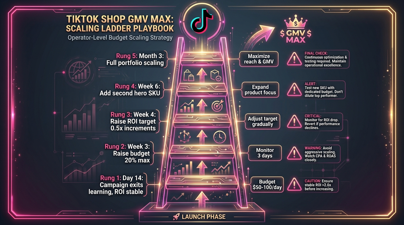 GMV Max scaling ladder showing five rungs from Day 14 campaign exits learning at 50-100 dollars per day budget through Week 3 20% budget increase, Week 4 ROI target raise, Week 6 second hero SKU, and Month 3 full portfolio scaling