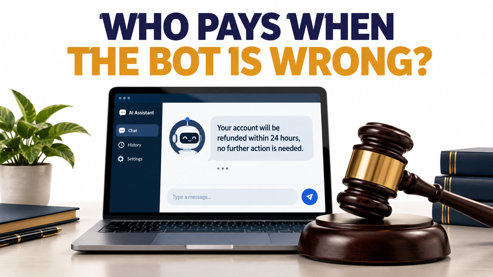 A customer service chatbot giving a confident wrong answer on a laptop, next to a courtroom gavel, under the headline Who Pays When the Bot Is Wrong?