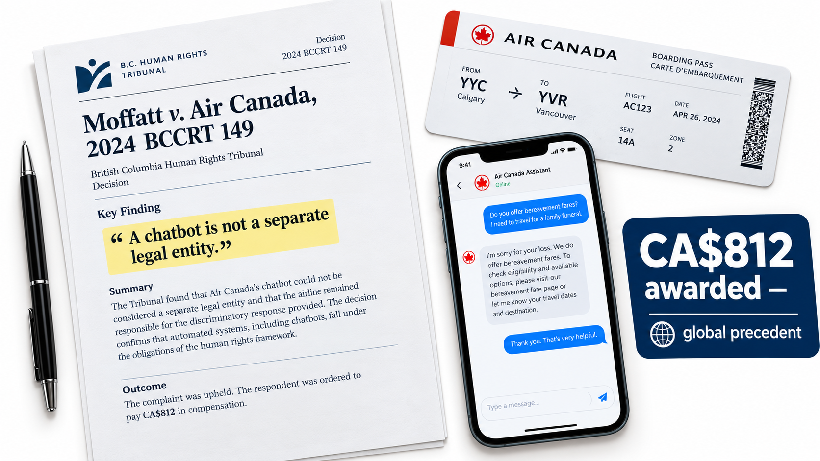 Moffatt v. Air Canada tribunal decision with a callout stating a chatbot is not a separate legal entity