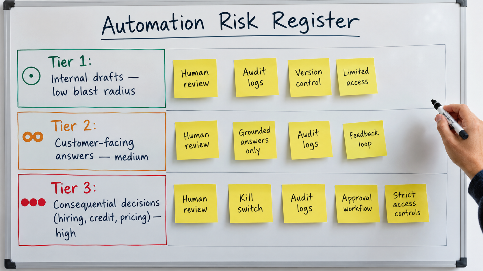 Whiteboard showing an automation risk register with three tiers from internal drafts to consequential decisions and their required controls