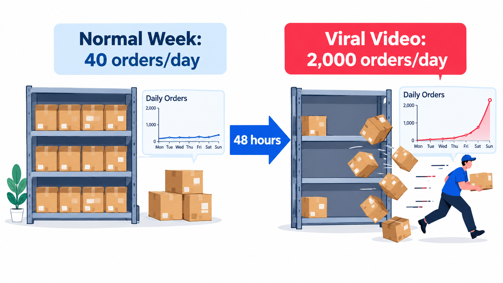 Illustrative comparison of a normal week of orders versus a viral spike that empties inventory within 48 hours