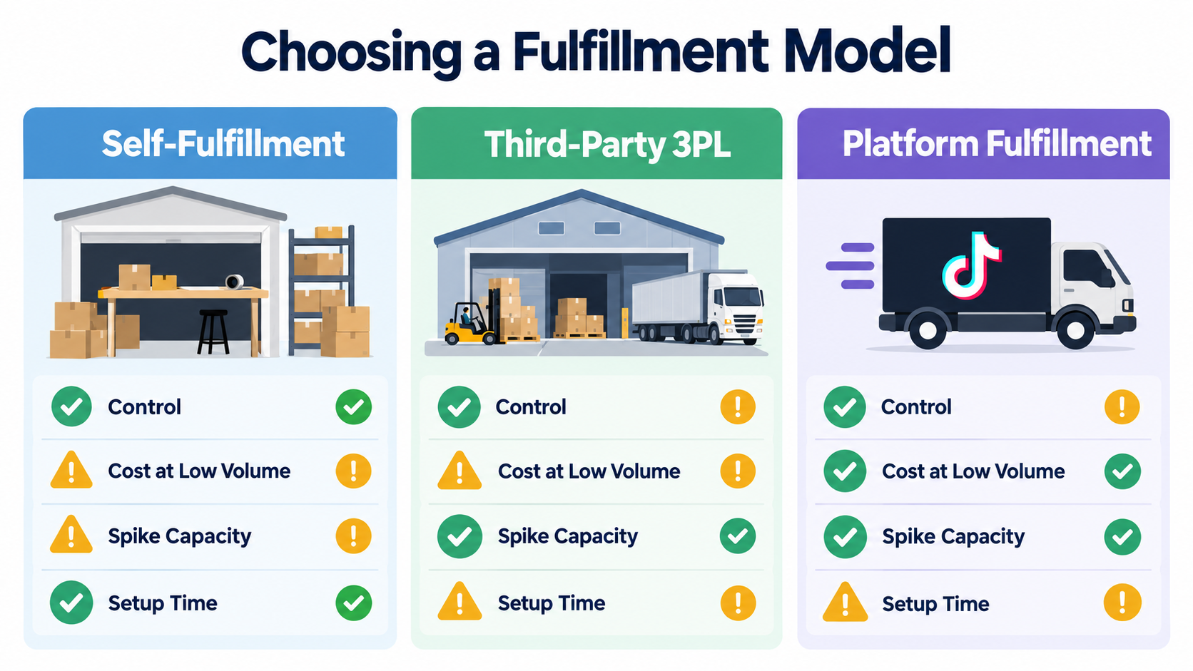 Comparison of self-fulfillment, third-party 3PL and platform fulfillment across control, low-volume cost, spike capacity and setup time