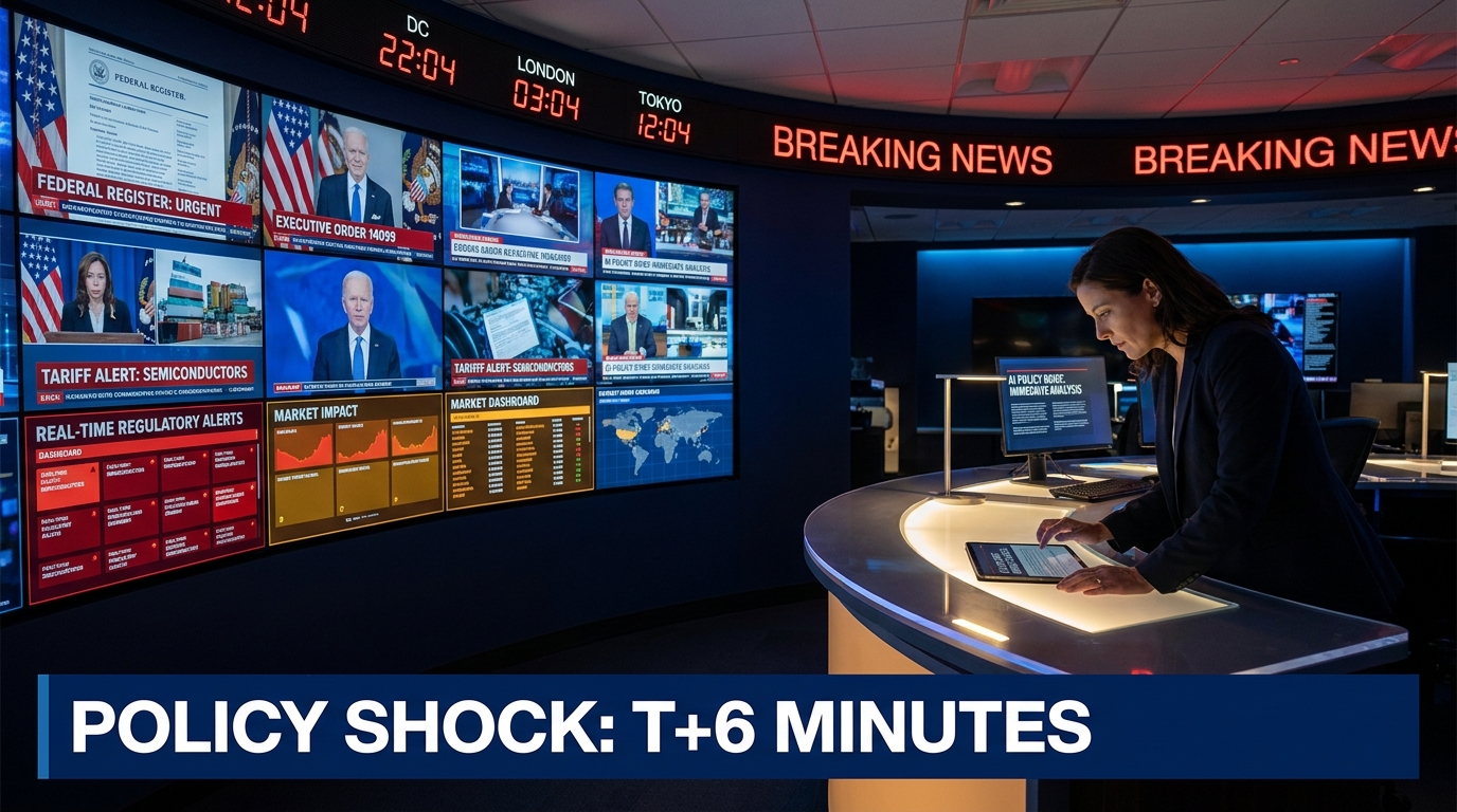 AI newsroom command center showing live policy monitoring dashboards with breaking news alerts and real-time government regulatory feeds