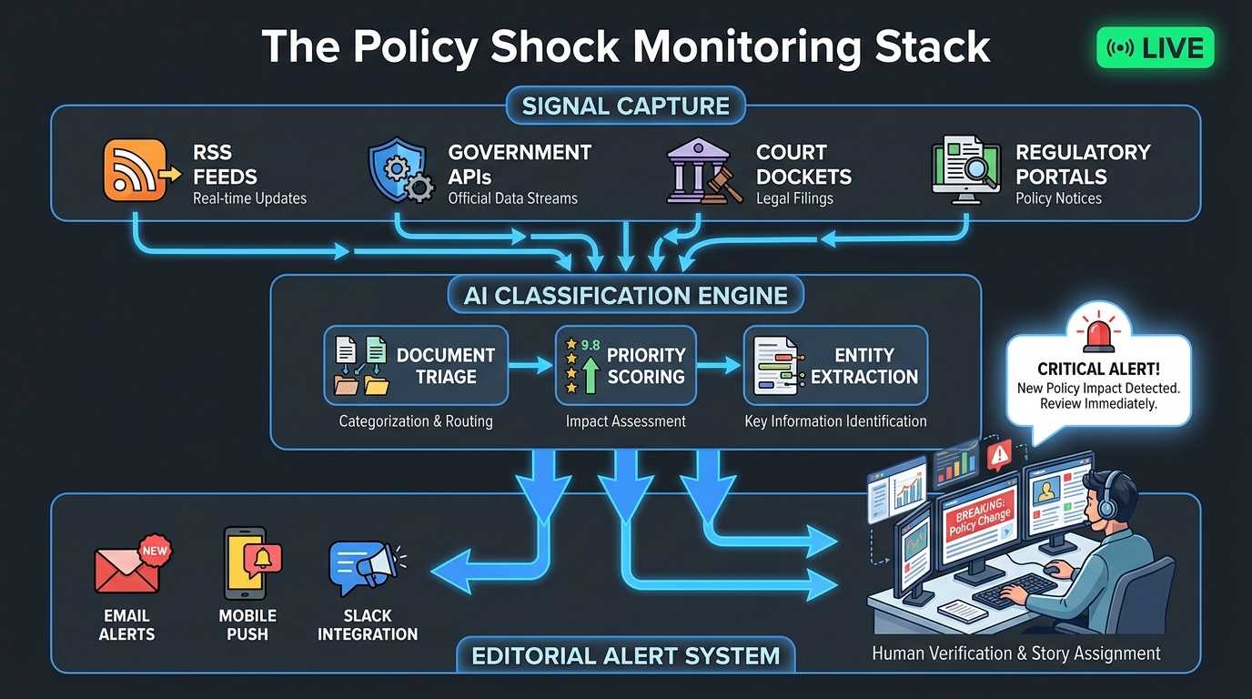 Three-layer AI policy monitoring stack diagram showing signal capture, AI classification engine, and editorial alert system for newsrooms