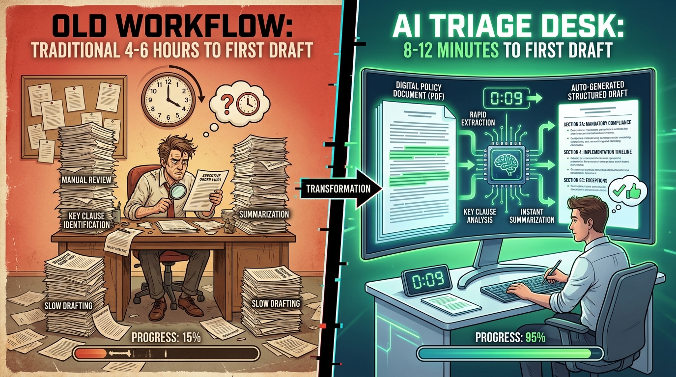 Split comparison showing traditional 4-6 hour policy coverage workflow versus AI triage desk producing first draft in 8-12 minutes