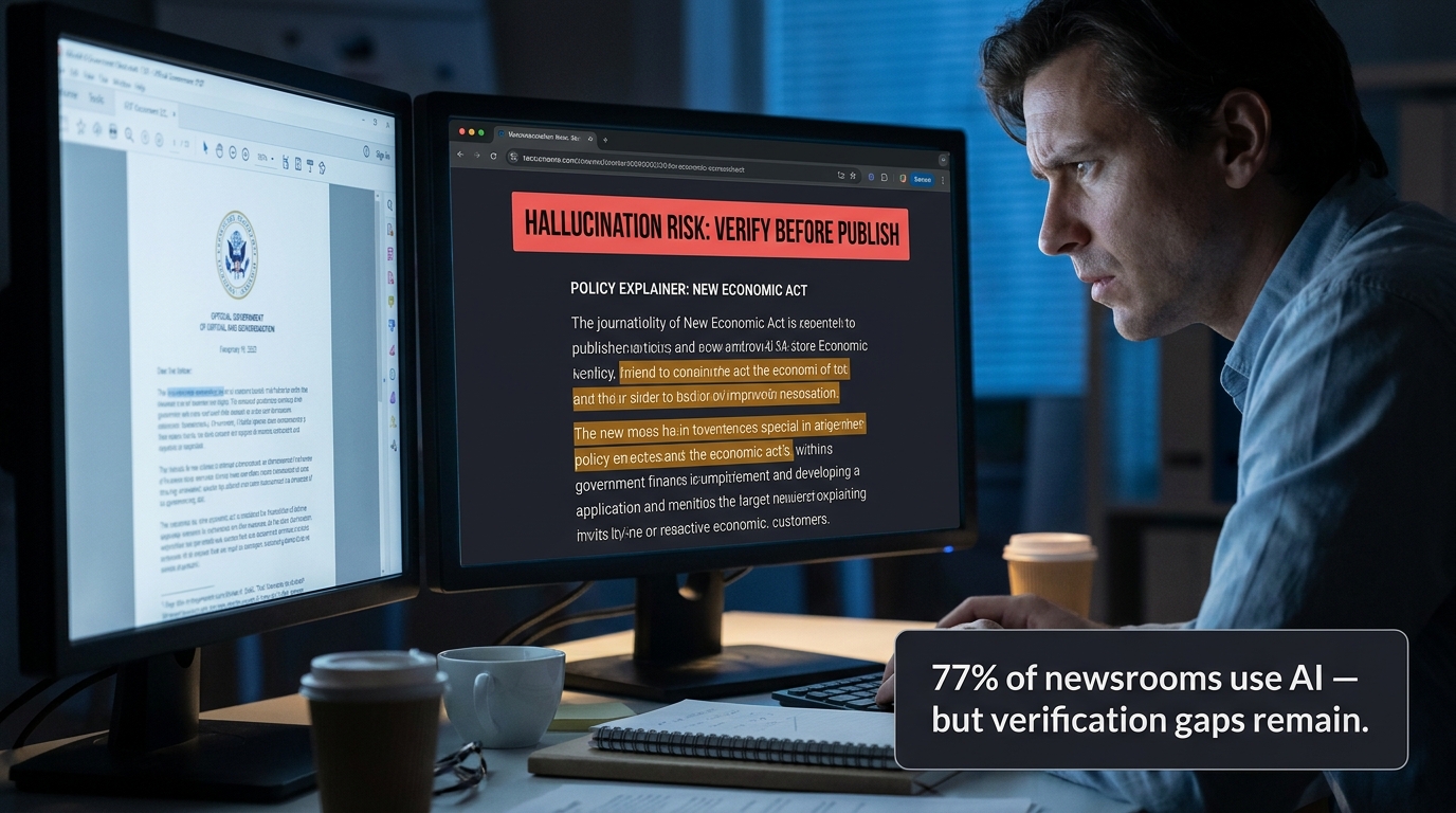Journalist reviewing AI-generated news draft with hallucination risk warning banner highlighting unverified policy claims before publication