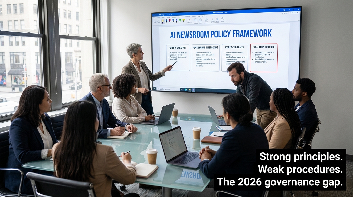 Newsroom editorial team reviewing AI governance framework document showing policy sections for when AI can draft, human decision requirements, and verification gates