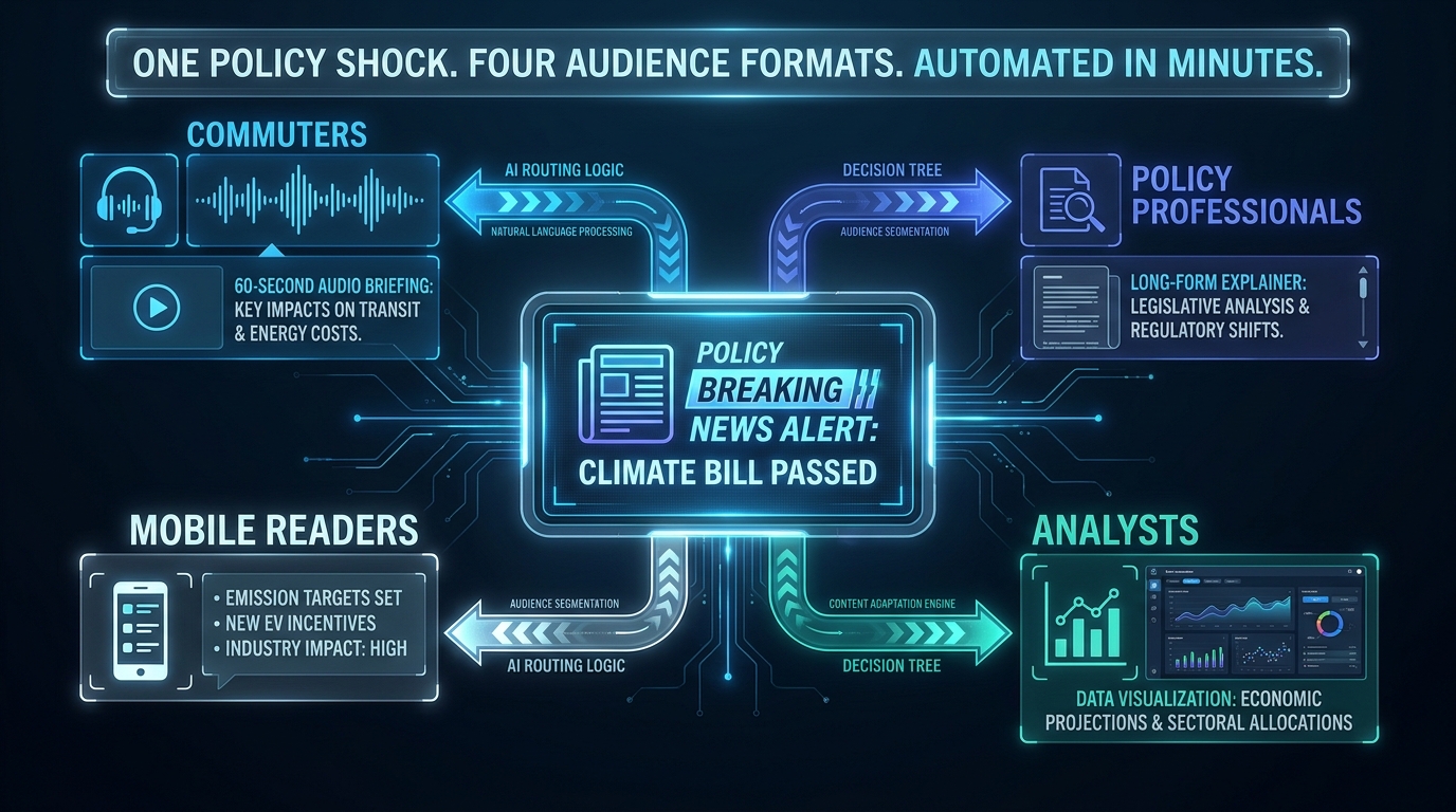 AI-powered audience distribution dashboard showing one policy breaking news alert branching into personalized formats: audio briefing, long-form explainer, mobile summary, and data visualization
