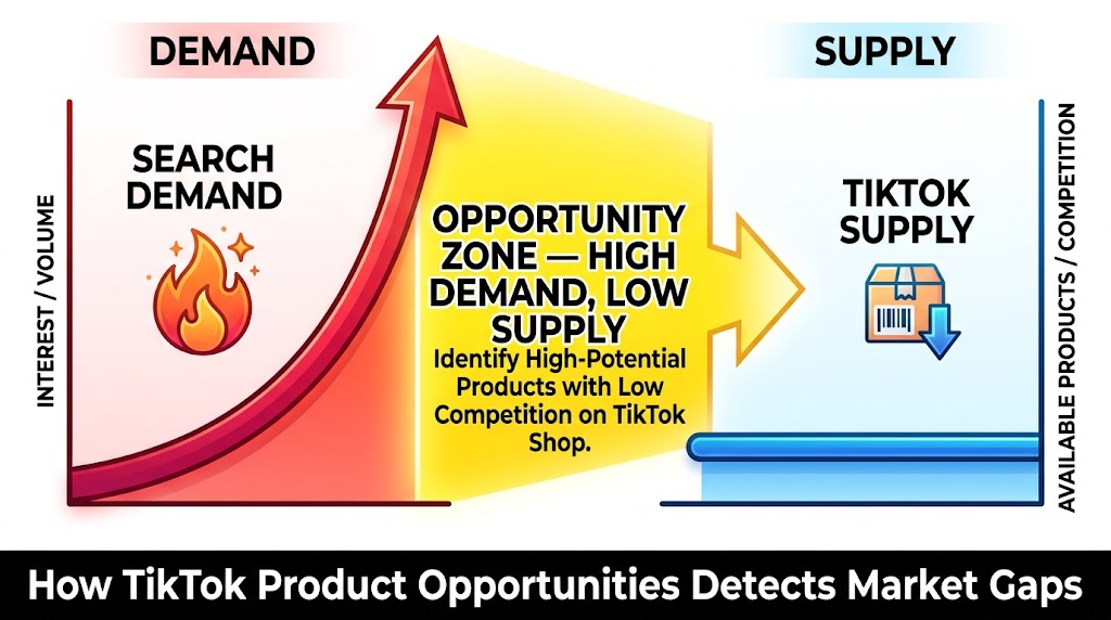 Demand-supply gap diagram showing the opportunity zone between high search demand and low TikTok Shop supply