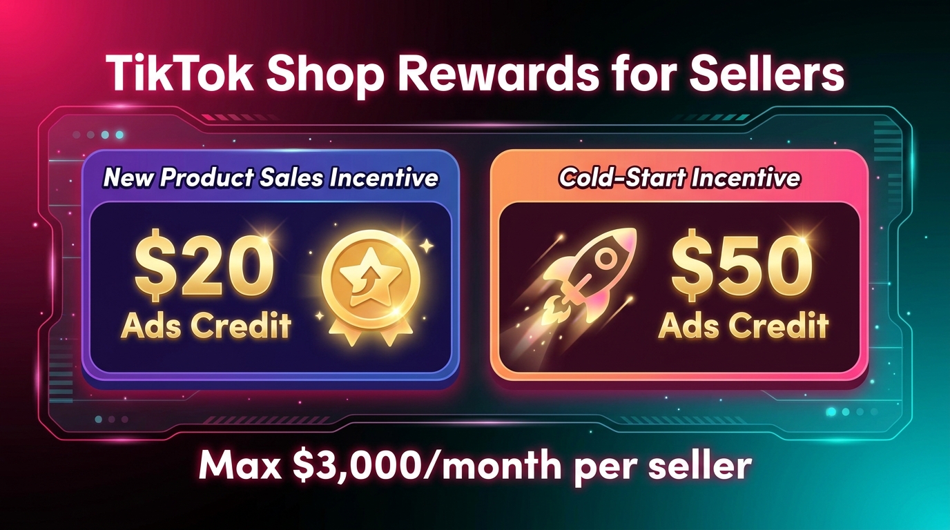TikTok Shop NewStar and Cold-Start incentive programs showing $20 and $50 ad credits for eligible sellers
