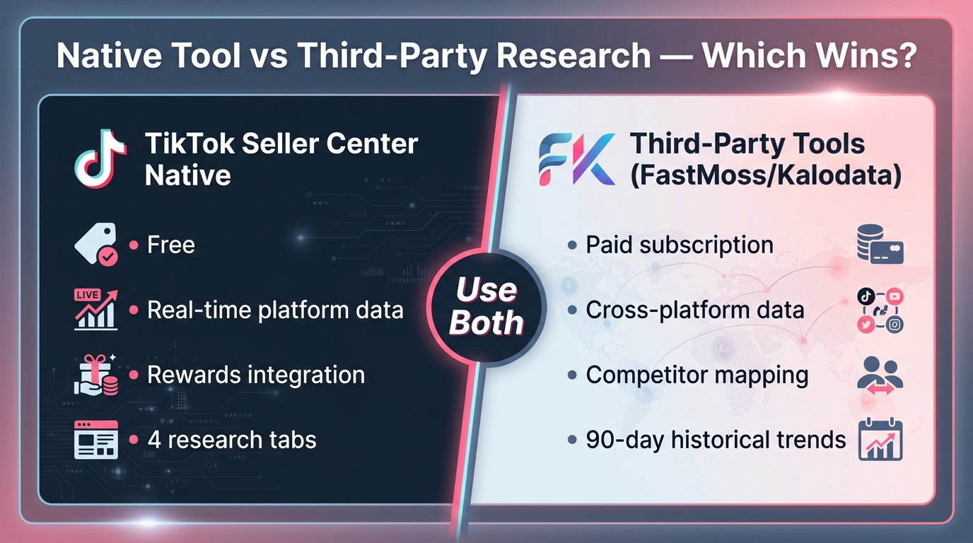 Comparison of TikTok Seller Center native tool versus third-party research tools like FastMoss and Kalodata