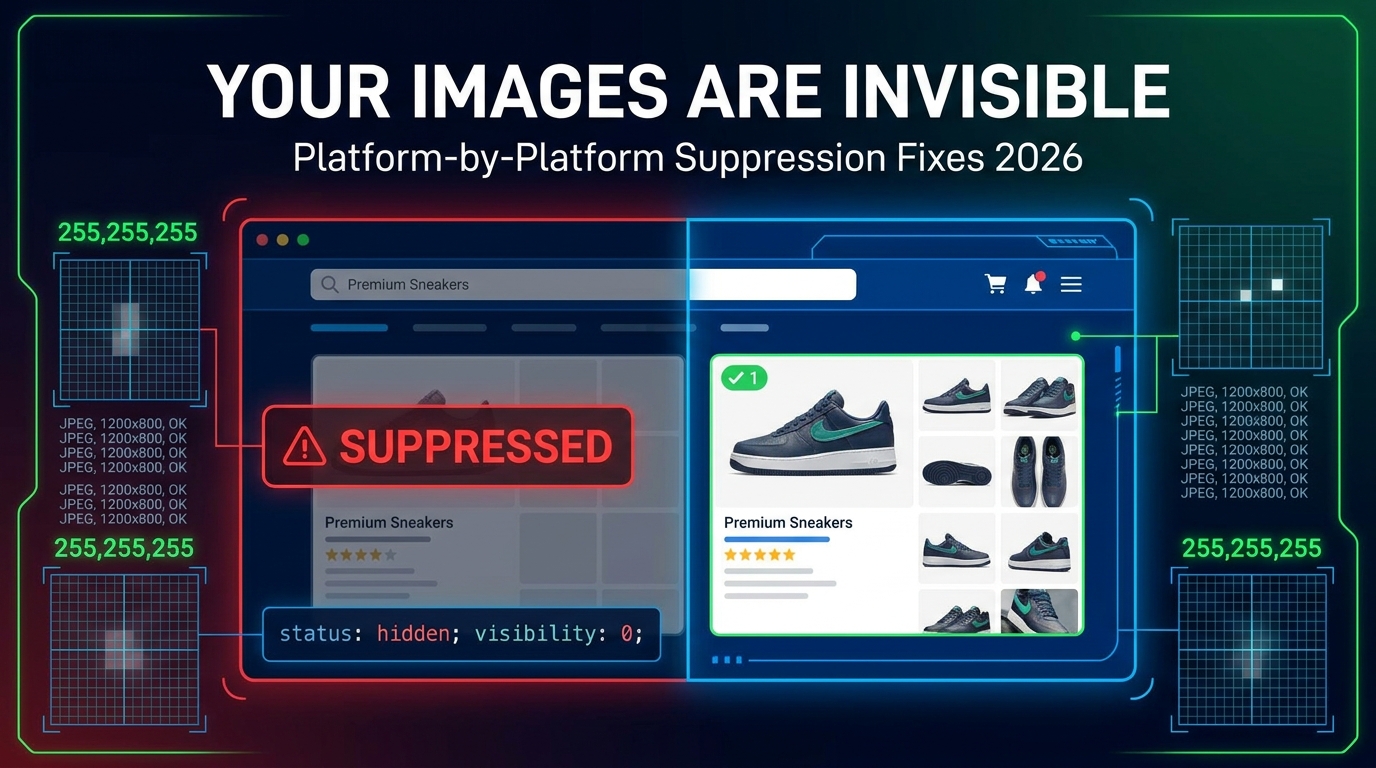 2026 image suppression diagnostic guide — split screen showing a suppressed listing versus a visible ranking listing with RGB scanner overlays