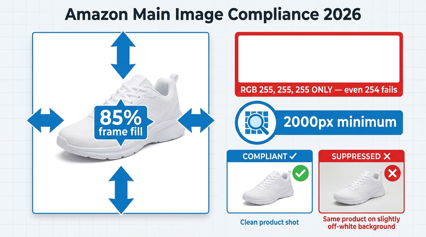 Amazon main image compliance infographic for 2026 showing 85% frame fill requirement, pure white RGB 255,255,255 background, and 2000px minimum resolution with compliant vs suppressed comparison
