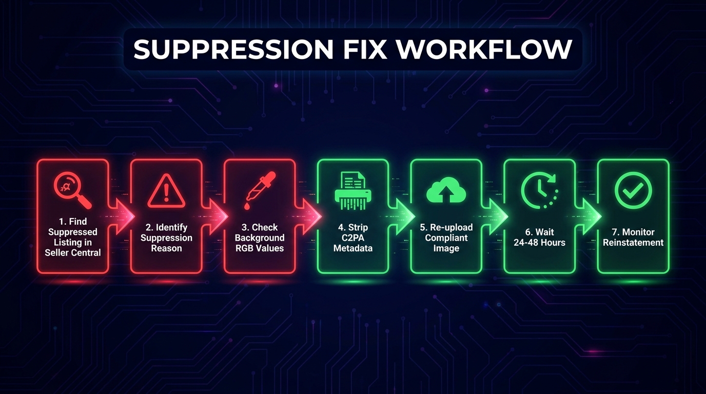Step-by-step workflow flowchart for diagnosing and fixing suppressed Amazon listings in 2026, from finding the suppressed listing through reinstatement