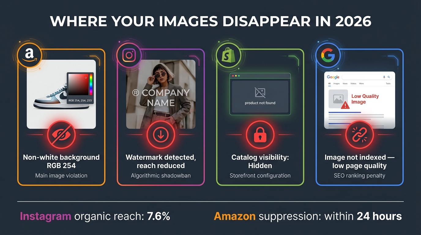 Platform comparison infographic showing image suppression triggers across Amazon, Instagram, Shopify, and Google in 2026 with specific error examples and suppression indicators
