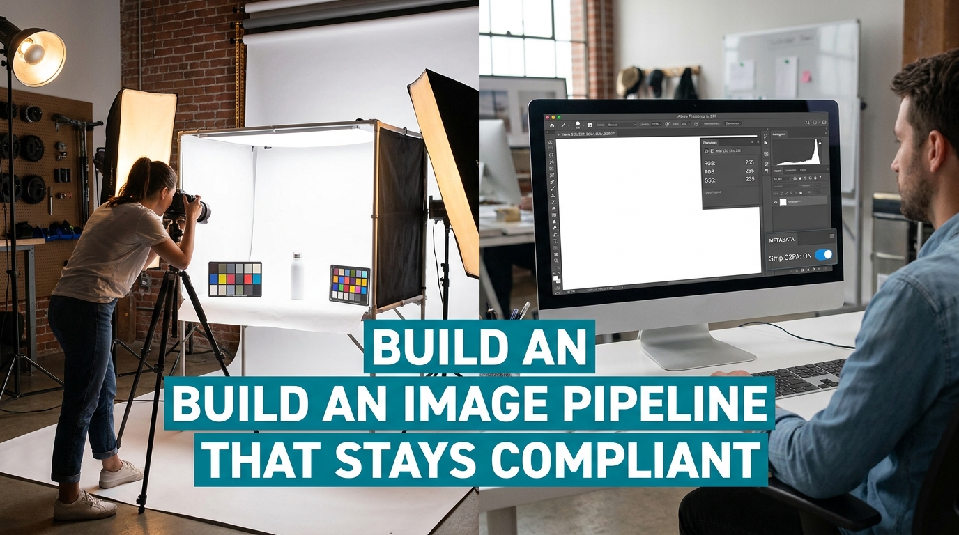 Professional ecommerce photography studio setup showing a product on pure white seamless paper alongside a computer monitor with Photoshop histogram showing exact RGB 255,255,255 white background and C2PA strip toggle enabled