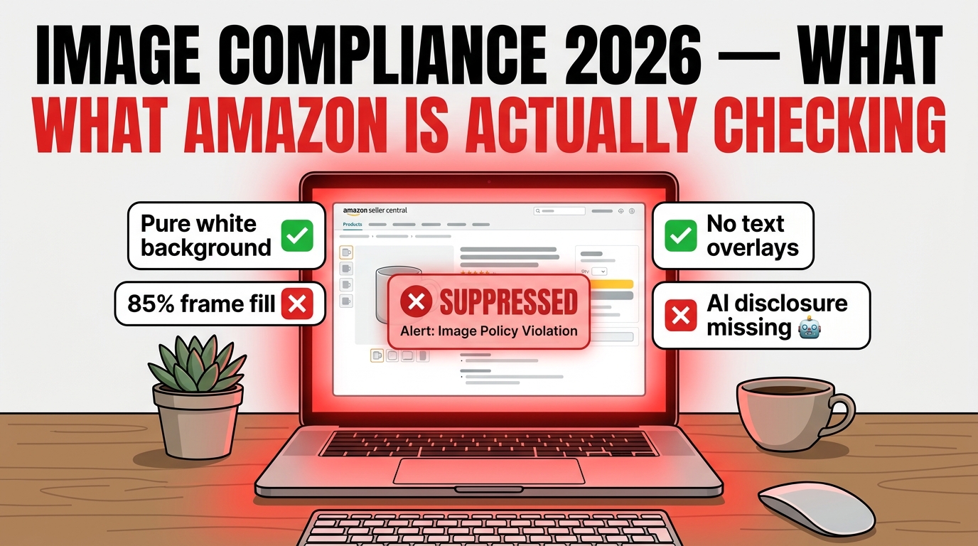 Amazon image compliance 2026 — laptop showing Seller Central suppression warning with compliance checklist items