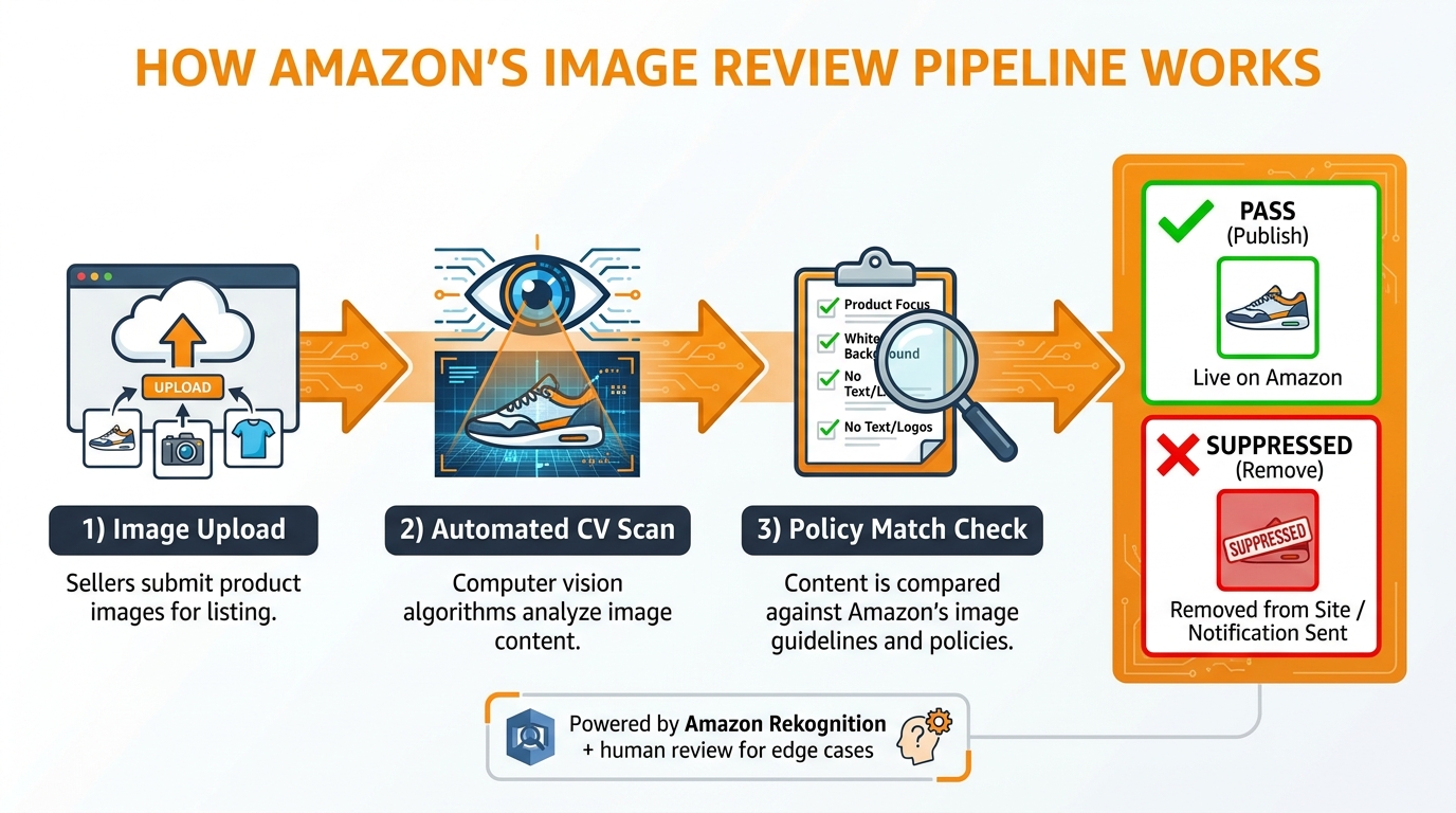 Flowchart showing Amazon's automated image compliance pipeline: upload, CV scan, policy match, pass or suppressed