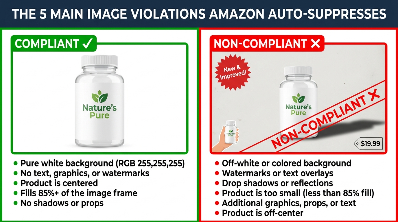 Split-screen comparison of compliant vs non-compliant Amazon main product images highlighting the 5 main violations