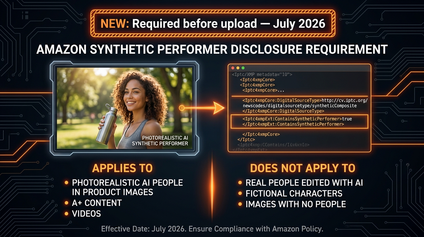 Amazon July 2026 AI synthetic performer disclosure requirement showing the contains-synthetic-performer metadata tag requirement