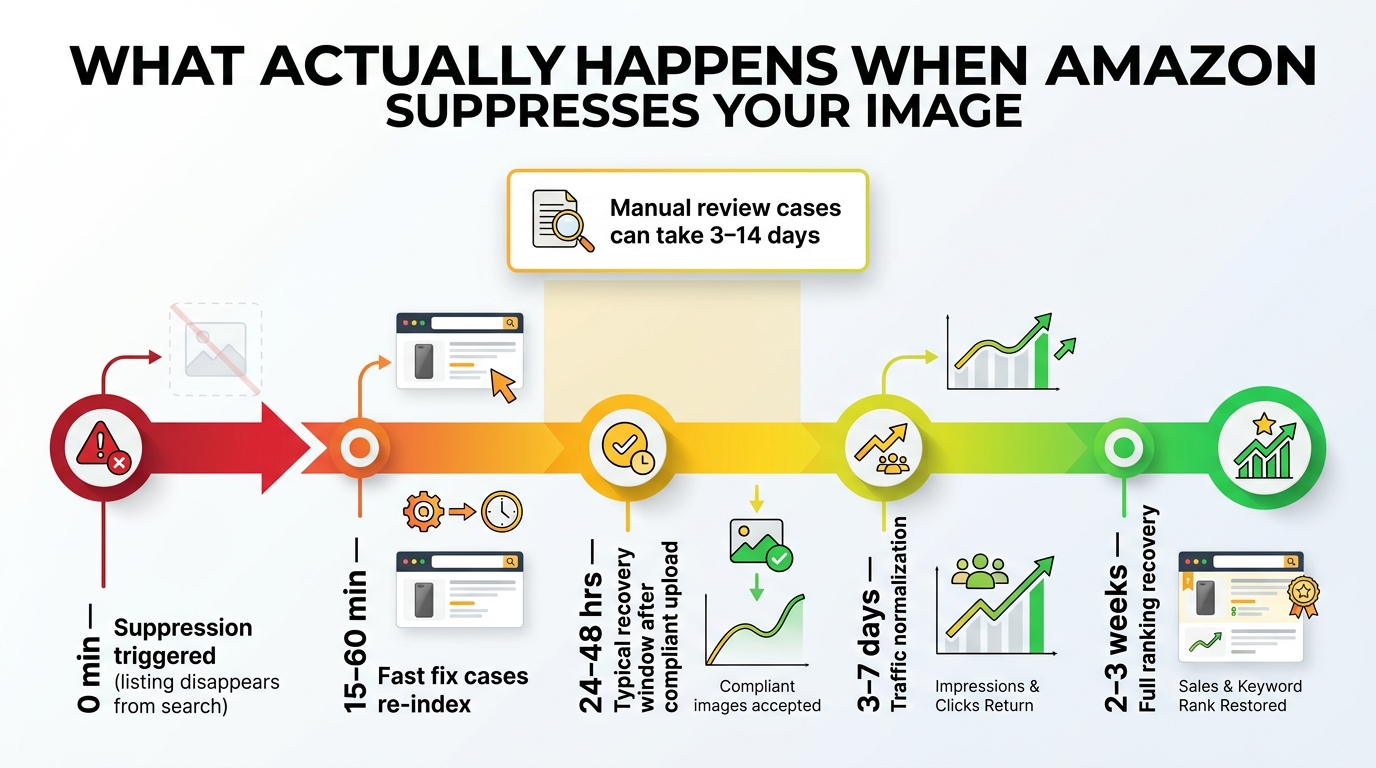 Timeline showing Amazon image suppression recovery from 0 minutes suppression through 2-3 weeks full ranking recovery