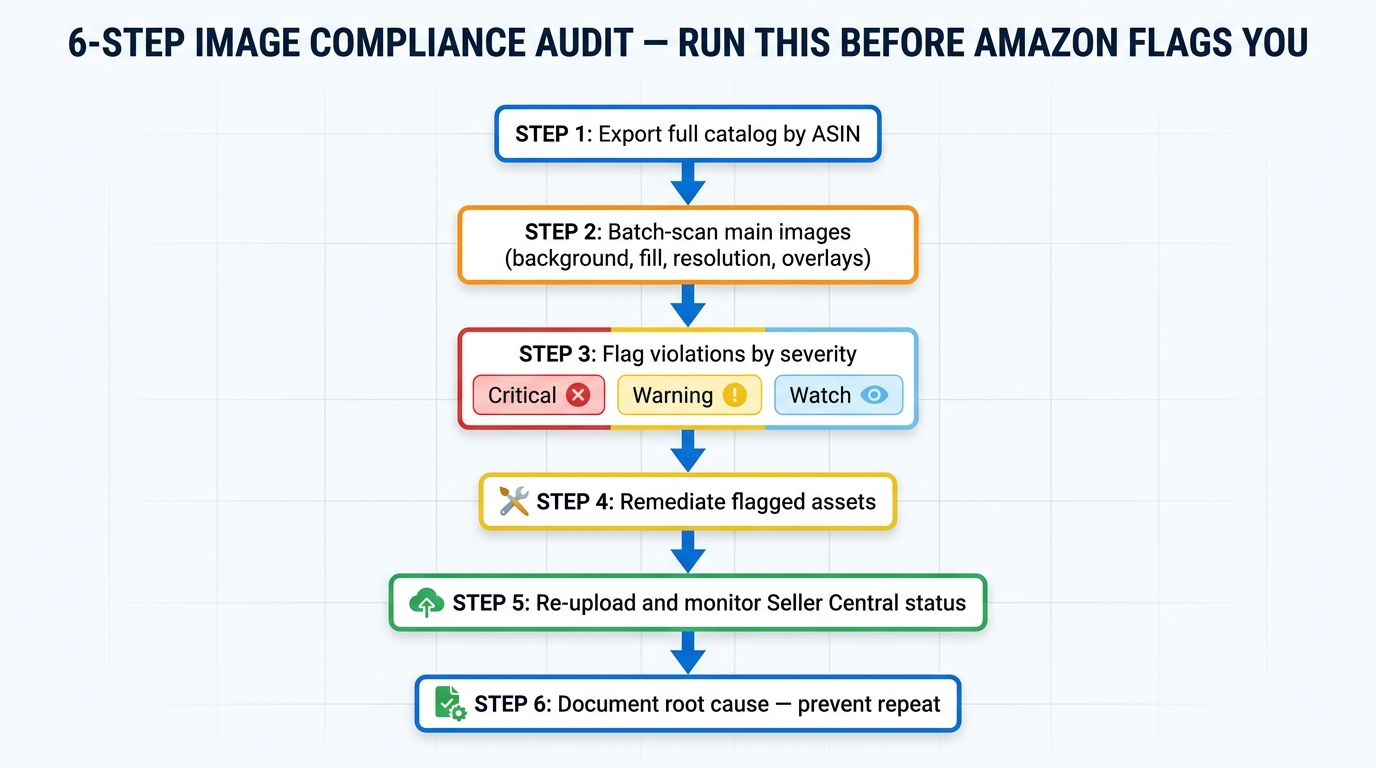 6-step Amazon image compliance audit workflow flowchart showing export, scan, flag, remediate, re-upload, and document steps