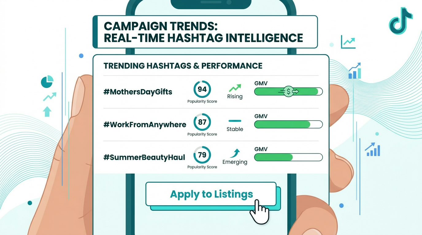 TikTok Seller Center Campaign Trends dashboard showing trending hashtags with popularity scores and GMV performance bars