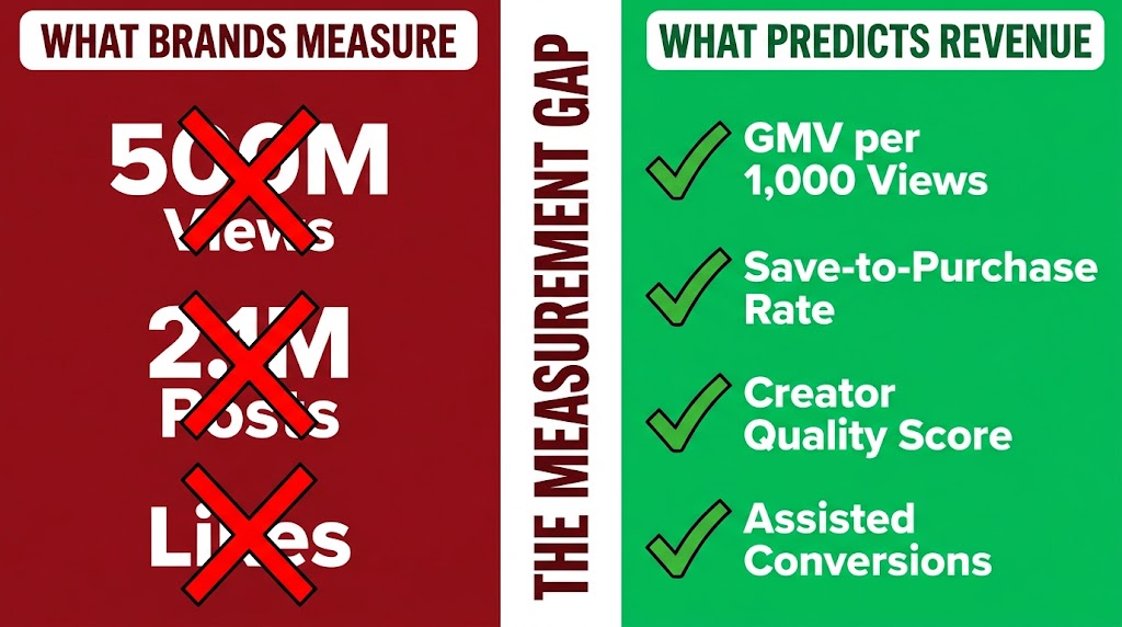 Comparison infographic: Vanity metrics brands track (views, posts, likes) with red X marks versus revenue-predicting metrics (GMV per view, save-to-purchase rate) with green checkmarks