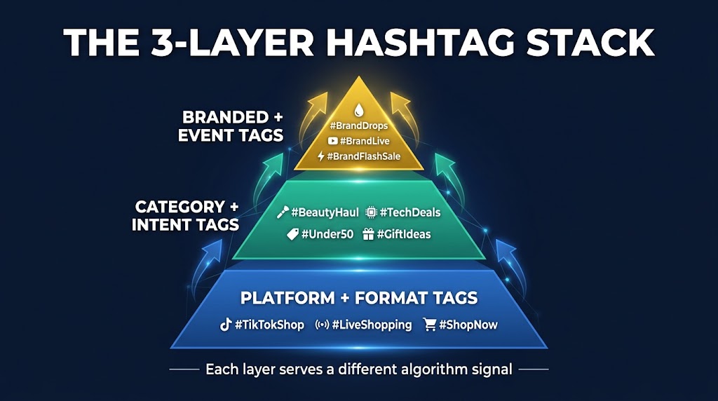 Three-tier pyramid diagram showing the three-layer hashtag stack: Platform+Format tags at the base, Category+Intent tags in the middle, Branded+Event tags at the top
