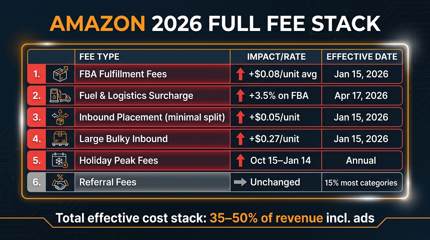 Amazon 2026 full fee stack breakdown table showing FBA fulfillment fee increases, fuel surcharge, inbound placement fees, and holiday peak fees