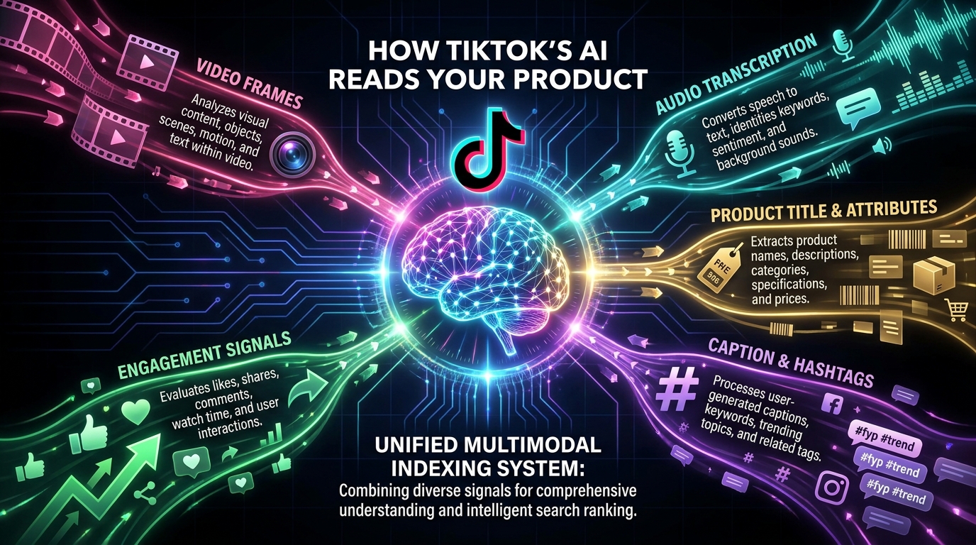 Infographic showing TikTok's multimodal AI indexing system with five data channels: video frames, audio transcription, product attributes, captions, and engagement signals