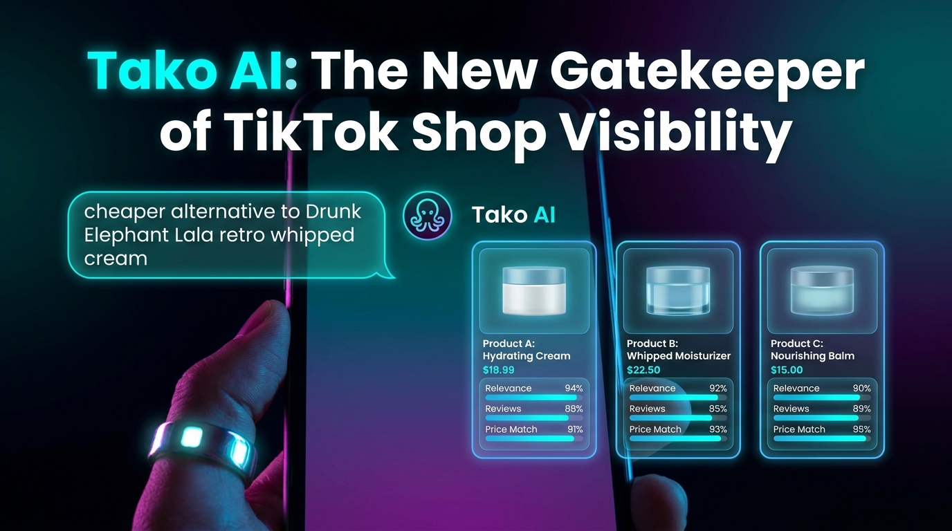 TikTok's Tako AI shopping assistant interface showing conversational product query with three ranked product cards showing relevance, review, and price match scores