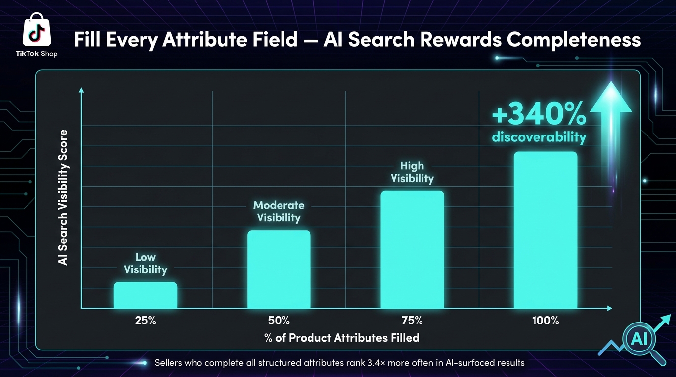 Bar chart showing TikTok Shop product attribute completeness vs. AI search visibility — bars grow taller as completeness increases, with 100% completeness labeled +340% discoverability