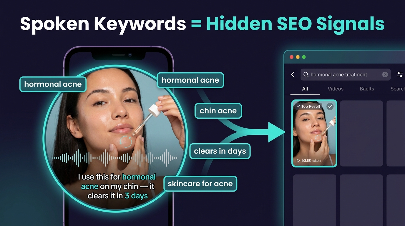TikTok video frame showing creator speaking about skincare product with audio waveform visible and keyword chips 'hormonal acne', 'chin acne', 'clears in days' flowing into search ranking result