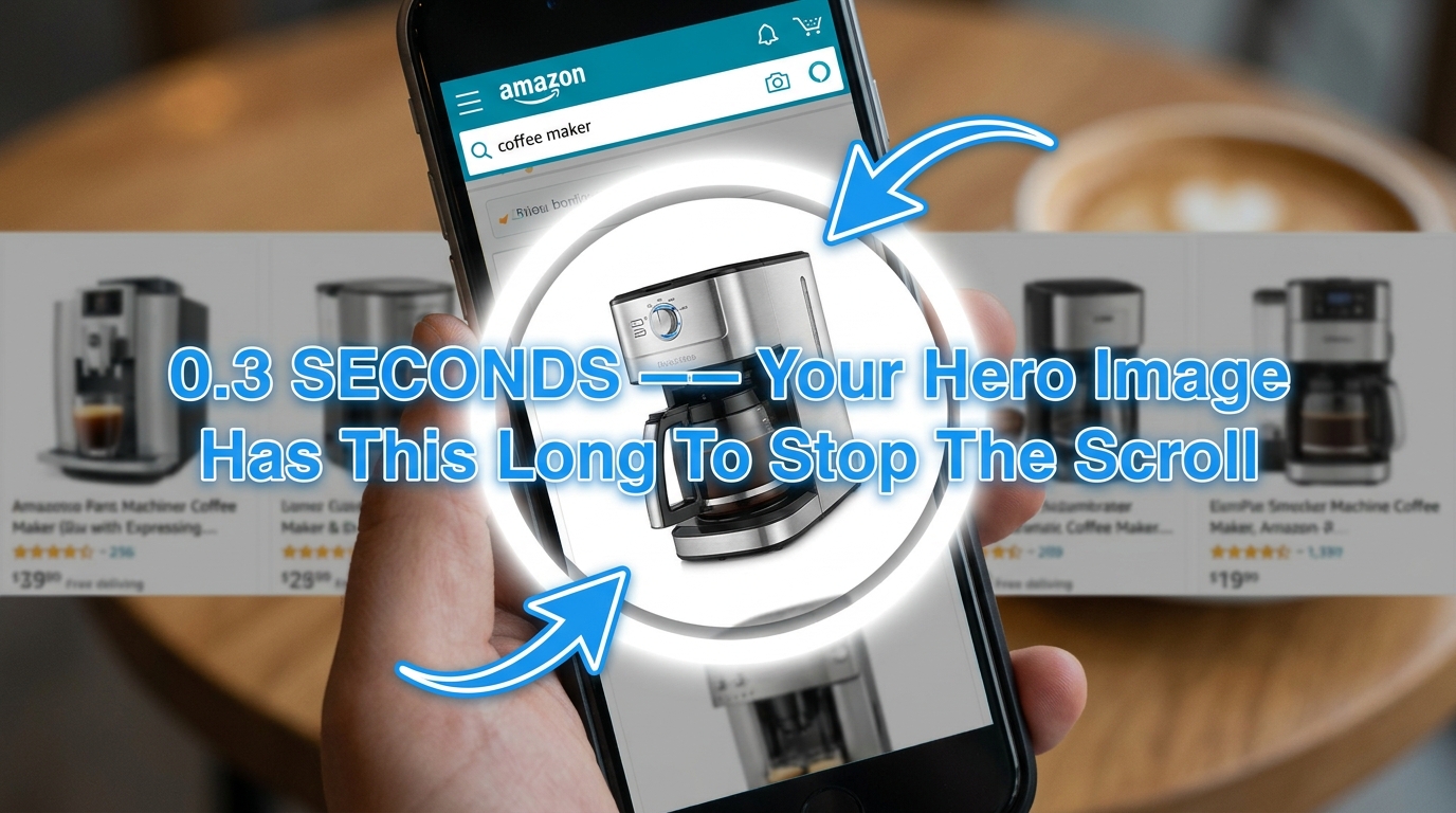 Smartphone showing Amazon search results page with one highlighted product card — illustrating the 0.3-second hero image scroll-stop window