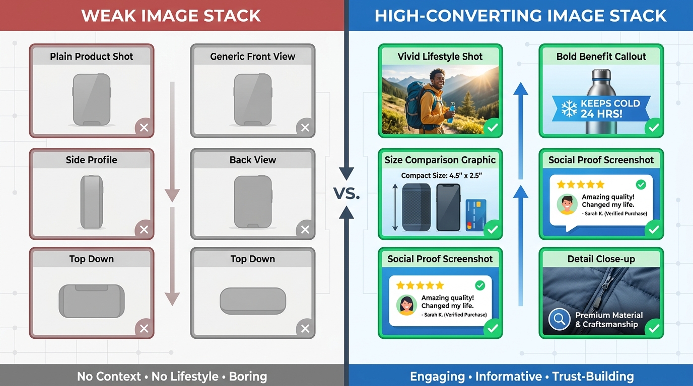 Side-by-side comparison of a weak Amazon image stack versus a high-converting image stack, showing the difference in image types and visual strategy
