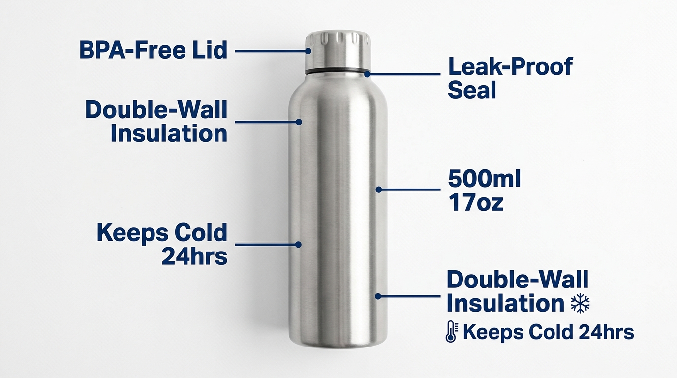 Amazon product infographic image showing a water bottle with annotated feature callouts including BPA-free, double-wall insulation, and leak-proof seal