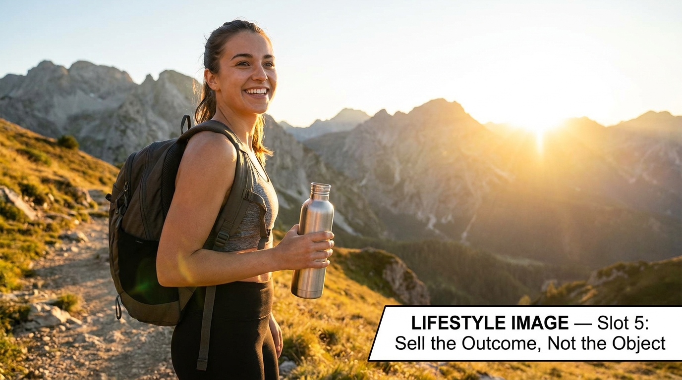 Lifestyle Amazon product image showing a woman hiking outdoors holding a water bottle — illustrating the 'sell the outcome, not the object' principle for Slot 5