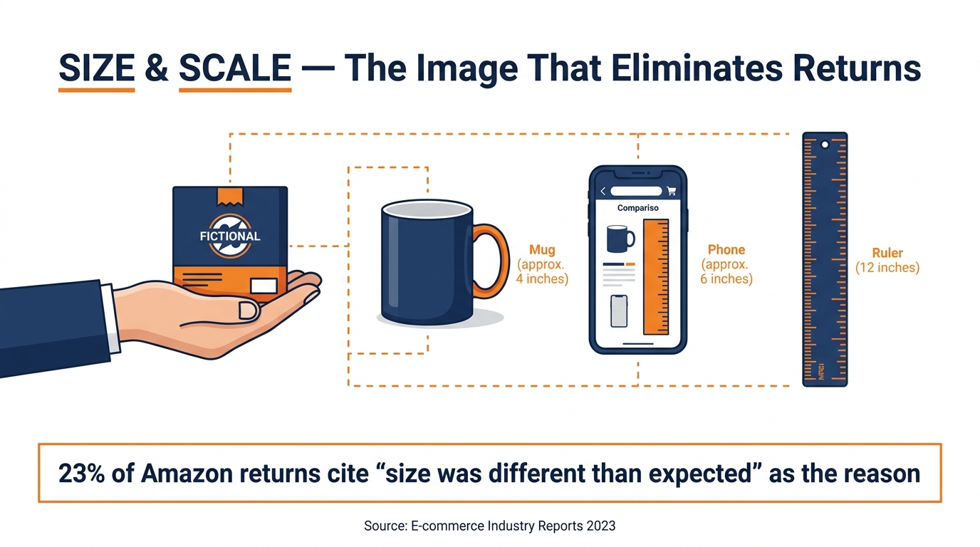 Size and scale comparison infographic for an Amazon listing showing a product held next to a coffee mug, smartphone, and ruler with the stat that 23% of returns cite unexpected size
