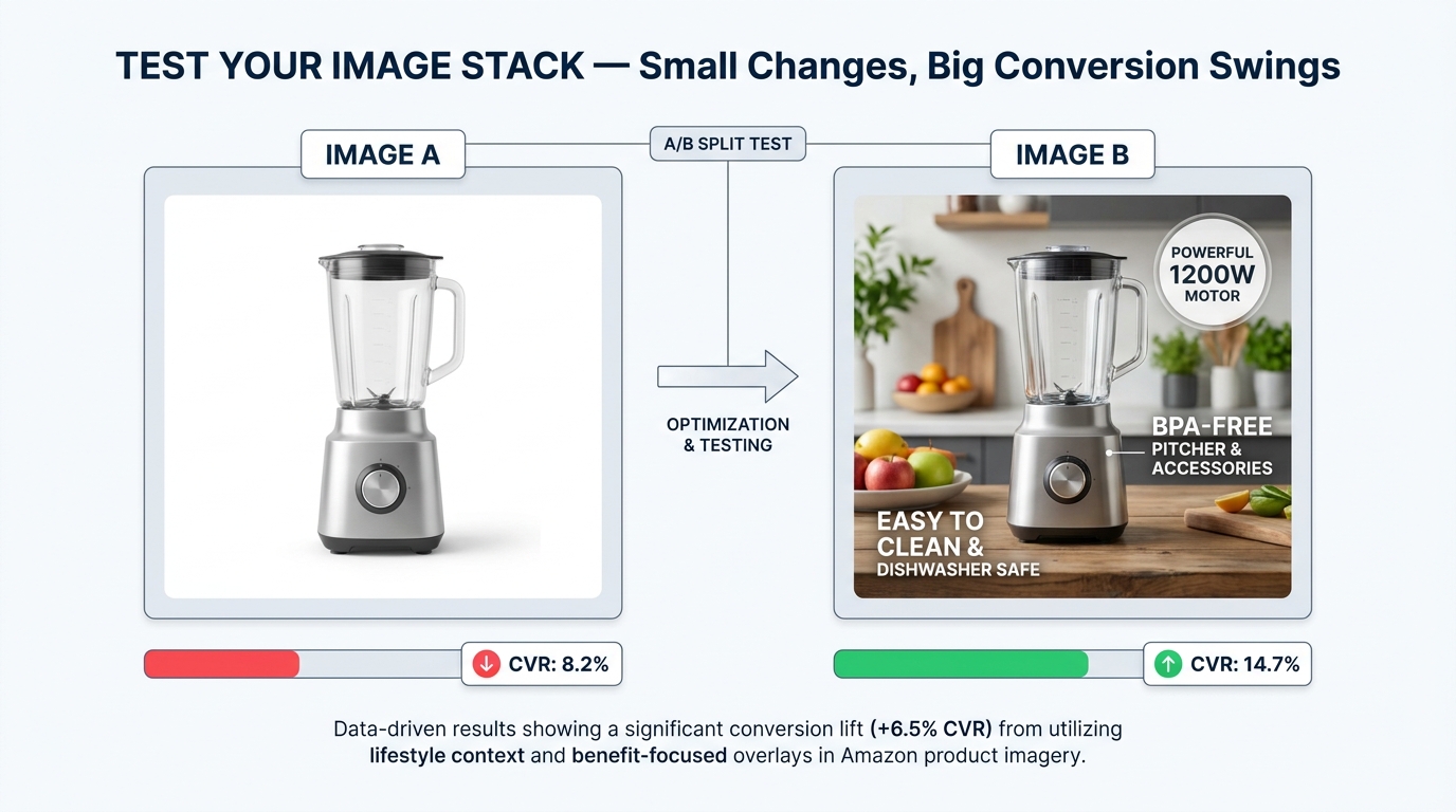 Amazon listing image A/B test comparison showing Image A converting at 8.2% versus Image B converting at 14.7% — illustrating the impact of split testing image stacks