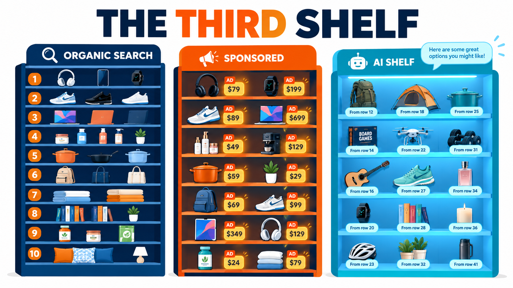 Three digital store shelves labeled Organic Search, Sponsored, and AI Shelf, showing how Amazon's AI assistant pulls products from deep in the catalog