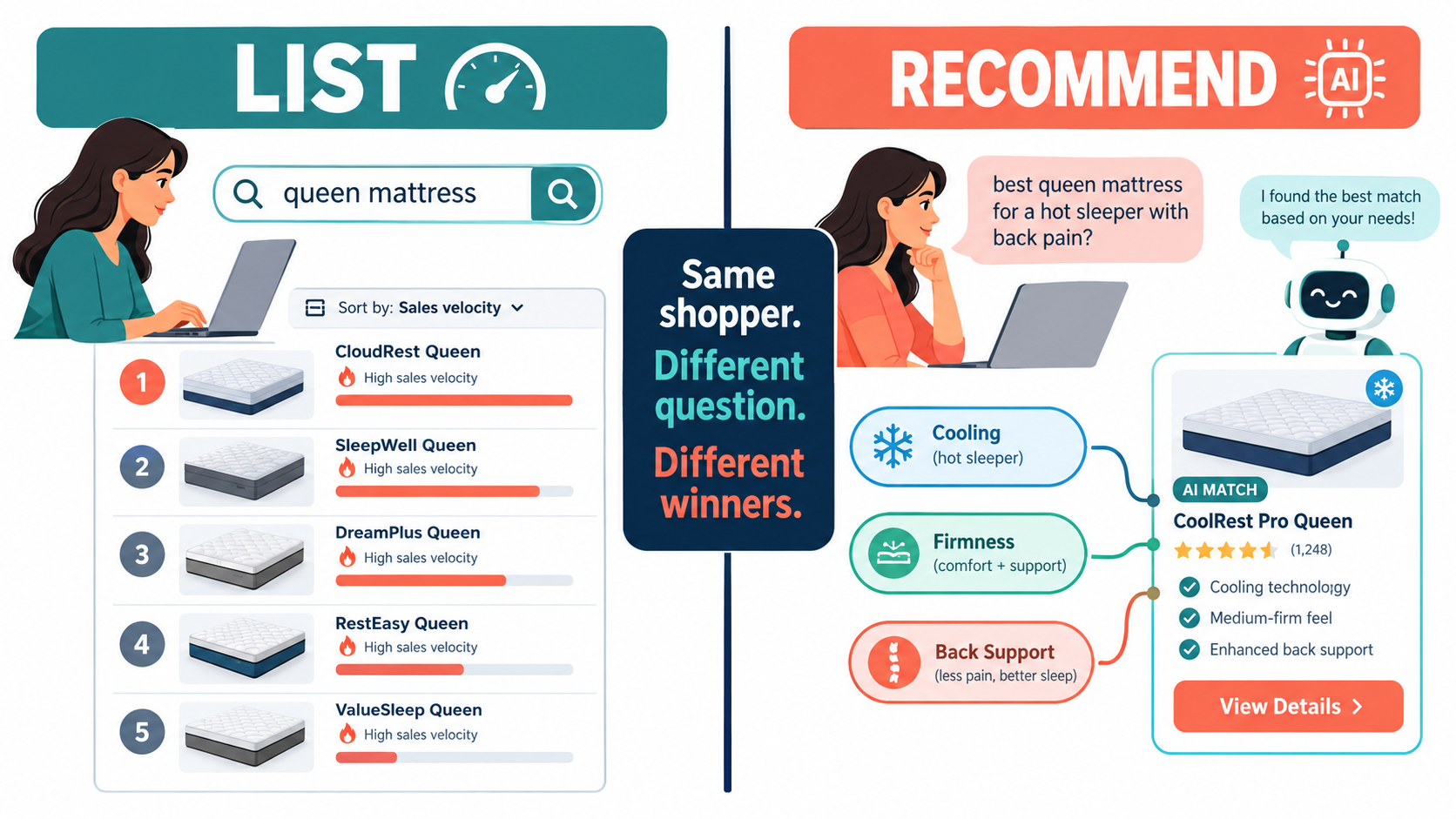Split comparison showing a ranked keyword search list versus an AI assistant matching shopper needs like cooling and back support to a specific product