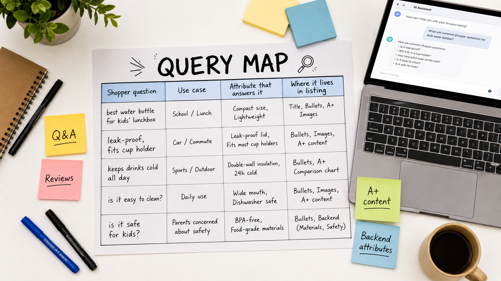 Seller desk with a printed Query Map worksheet listing shopper questions, use cases, attributes and listing locations, with sticky notes for Q&A, reviews and A+ content