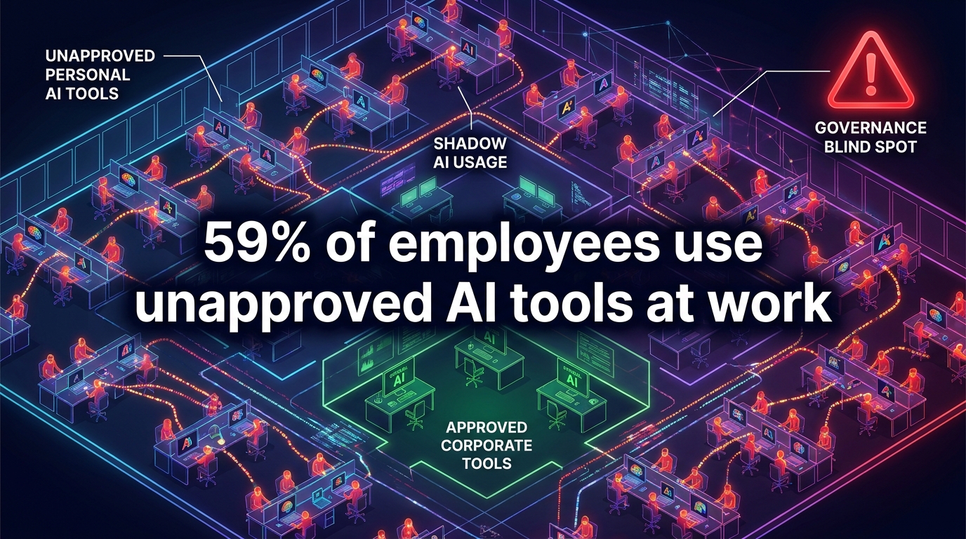 Infographic showing 59% of employees use unapproved AI tools at work — the shadow AI governance blind spot in enterprise organizations